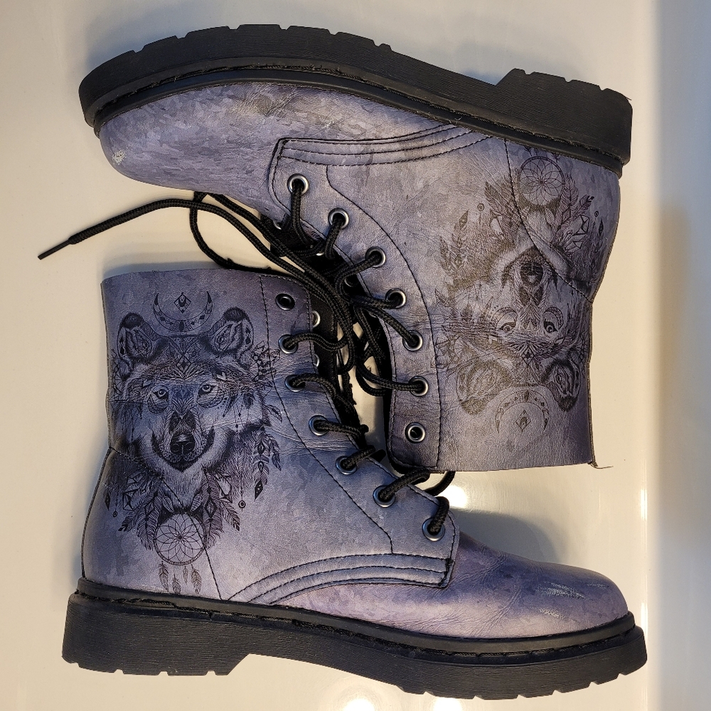 Yes We Vibe Bohemian Wolf Lace-up Combat Boots US Men's 10 / Women's 11.5 Gray - Picture 5 of 16